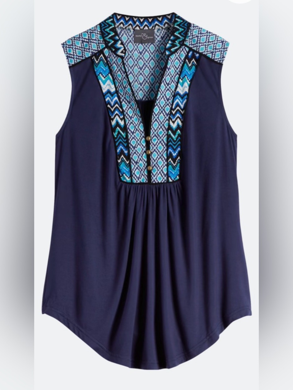 Women’s Navy Sleeveless V-Neck Top with Blue Geometric Trim